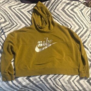 Nike Olive Cropped Crewneck Hoodie with Metallic Logo